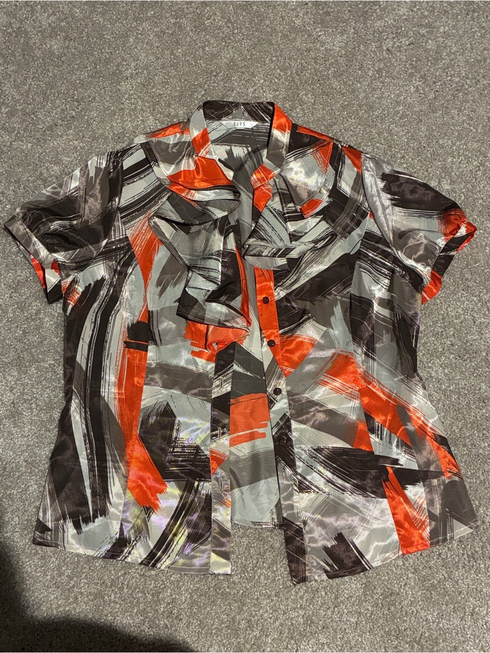FIRS Abstract Brushstroke Ruffle Blouse in Black, Gray & Orange